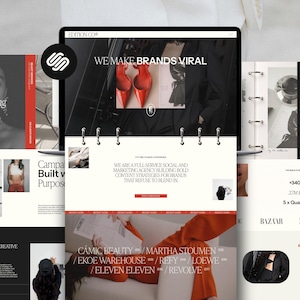 Op de afbeelding: Een digitaal scherm toont een website voor Edition Co. met een zwart-wit lay-out en rode accenten. Het scherm bevat tekst zoals We Make Brands Viral, Results Worth Talking About en een lijst met klantnamen zoals Camic Beauty.