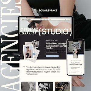 May include: A digital display showing the Siren Studio website on a laptop and smartphone screen. The interface features bold typography, photography of a person in sunglasses, and text including "We blend bold strategy, magnetic creative and real results."