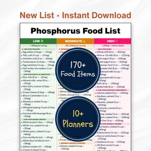 Low Phosphorus Food List Printable, Kidney Diet Guide, Kidney Friendly Diet, CKD & Renal Nutrition Chart, Phosphorus Restriction Foods