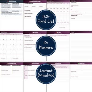 May include: A digital download featuring over 10 planners, including a food list and a monthly planner. The pages have a white background with purple and black text. The image includes the text "Instant Download".