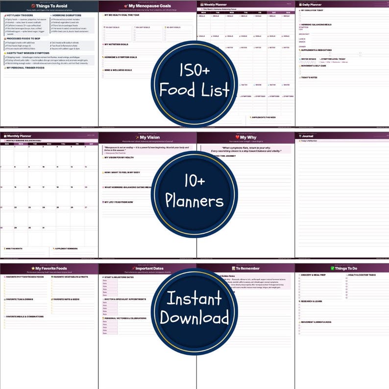 May include: A digital download featuring over 10 planners, including a food list and a monthly planner. The pages have a white background with purple and black text. The image includes the text "Instant Download".