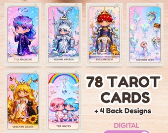 82 Kawaii Chibi Japanese Tarot Cards Printable Deck, Cute Bold Anime Oracle Digital Download, Instant Download Tarot Card Set PDF