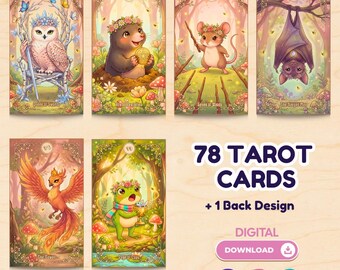 79 Cute Kawaii Animals Tarot Cards Printable Deck, Cute Bold Anime Oracle Digital Download, Instant Download Tarot Card Set PDF