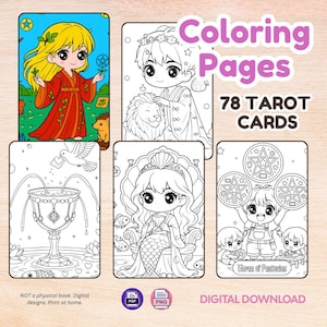 May include: Digital download of coloring pages featuring 78 tarot card designs. The image shows several sample cards with illustrations of anime-style characters. Text on the image includes "Coloring Pages", "78 Tarot Cards", and "Digital Download".