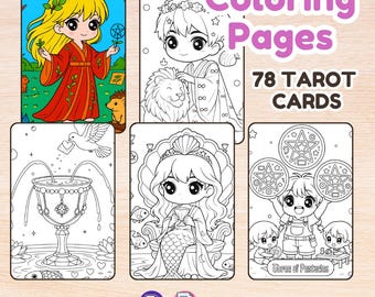 Cute Kawaii Chibi Japanese Coloring Book Printable Tarot Deck, Bold Anime Oracle Digital Download, Easy to Color Spiritual Tarot Pages