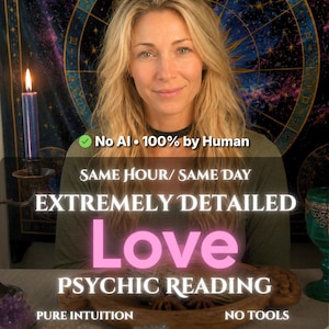 Peut inclure: Une femme blonde sourit devant un fond avec des symboles astrologiques. L'image comprend le texte "Love Psychic Reading" et "No AI - 100% by Human."