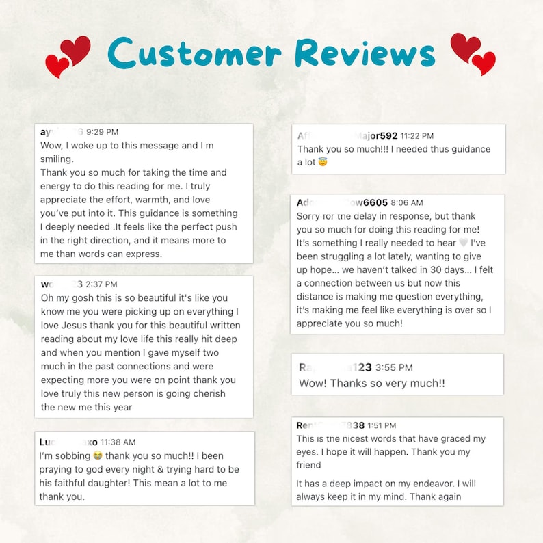 May include: A digital image displays customer reviews with the title "Customer Reviews" in blue. The reviews are in white text on a gray background, with red heart graphics. The reviews express gratitude and appreciation for a service.
