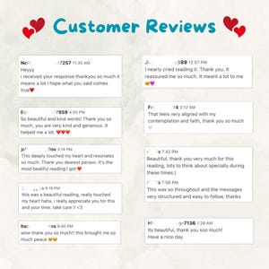 May include: Image of customer reviews with text and heart graphics. The reviews express gratitude and satisfaction with the service, mentioning words like beautiful, kind, and touching. The reviews are displayed in a light, airy layout.