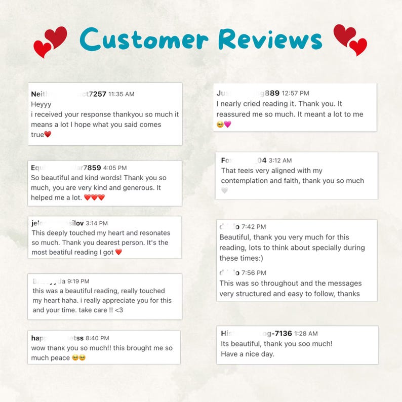 May include: Image of customer reviews with text and heart graphics. The reviews express gratitude and satisfaction with the service, mentioning words like beautiful, kind, and touching. The reviews are displayed in a light, airy layout.