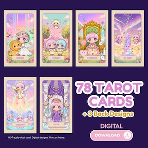 Op de afbeelding: Zeven tarotkaarten met pastel illustraties, waaronder "Kracht", "De Geliefden" en "De Keizerin". De afbeelding bevat ook de tekst "78 Tarotkaarten +3 Achterkant Ontwerpen DIGITALE DOWNLOAD."