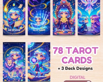 Cute Cosmic Kawaii Chibi Japanese Printable Tarot Cards Deck, Bold Anime Oracle Digital Download, Instant Download Tarot Card Set PDF