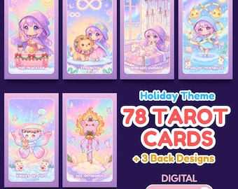 Cute Holiday Christmas Themed Kawaii Chibi Japanese Printable Tarot Card Deck, Bold Anime Oracle Card, Instant Download Tarot Card Set PDF