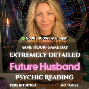 May include: A person with blonde hair positioned behind a wooden bowl containing a sage bundle and star anise. Text overlays include No AI 100% by Human, SAME HOUR/ SAME DAY, EXTREMELY DETAILED, Future Husband, PSYCHIC READING, PURE INTUITION, NO TOOLS.