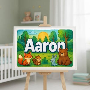 Aaron Name Art - Personalized Forest Animals Name Art Print - Aaron, Kids Room Decor