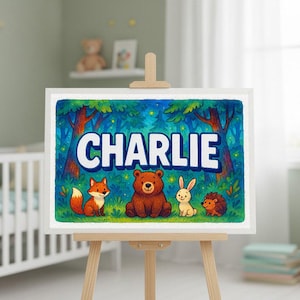 Personalized Forest Friends Name Art for Charlie - Kids Nursery Decor