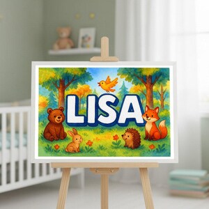 Lisa&#39;s Forest Friends Name Art Print: Woodland Nursery Decor, Personalized Kids Room + Optional Frame