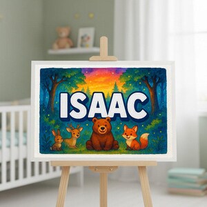 Isaac&#39;s Woodland Nursery Art: Personalized Forest Friends Print, Optional Frame
