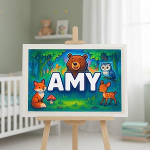 Personalized Forest Animal Name Art Print - Amy, Kids Nursery Decor