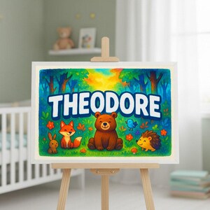 Theodore&#39;s Forest Name Art Print: Personalized Woodland Nursery Decor
