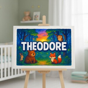 Theodore&#39;s Forest Name Art Print: Personalized Woodland Nursery Decor