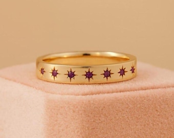 Pink Ruby Star Etched 14K Gold Art Deco Wedding Band