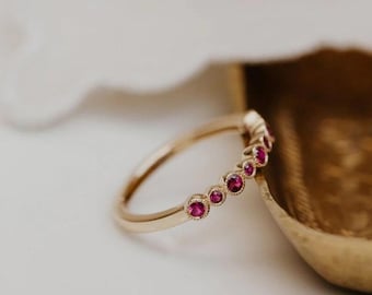Ruby Diamond Half Eternity Band, 14k Gold Plated Stacking Ring