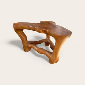 Pode incluir: Mesa de madeira artesanal com um design único e orgânico. A mesa apresenta um acabamento natural de grão de madeira e uma forma escultural, com uma superfície superior de aproximadamente 76 cm de comprimento. As pernas e suportes são intrincadamente esculpidos, criando uma peça artística e funcional.