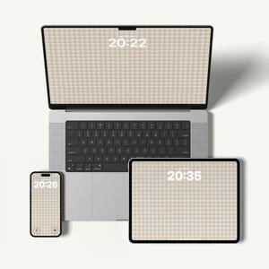 May include: A laptop, tablet, and smartphone are displayed, each with a beige gingham pattern on their screens. The laptop screen displays "20:22", the tablet shows "20:35", and the phone shows "20:26". The devices are arranged on a white surface.