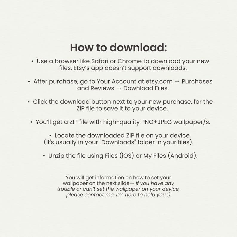 Pode incluir: Um gr&aacute;fico de instru&ccedil;&otilde;es com o t&iacute;tulo How to download: detalhando os passos para baixar arquivos digitais do Etsy usando um navegador, acessar a se&ccedil;&atilde;o de Compras e avalia&ccedil;&otilde;es, salvar arquivos ZIP e descompact&aacute;-los em dispositivos.
