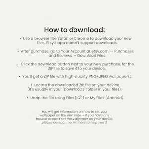 May include: An instructional graphic with the heading How to download: providing steps to save digital files from Etsy using a browser, accessing the Purchases and Reviews section, downloading ZIP files, and unzipping them on iOS or Android devices.