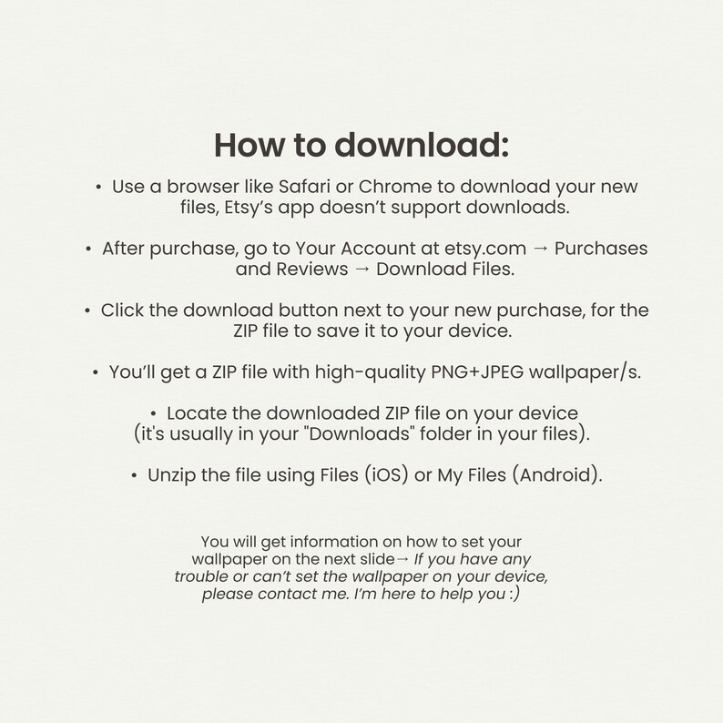 May include: An instructional graphic with the heading How to download: providing steps to save digital files from Etsy using a browser, accessing the Purchases and Reviews section, downloading ZIP files, and unzipping them on iOS or Android devices.