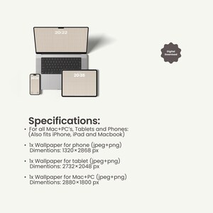 Pode incluir: Um conjunto de pap&eacute;is de parede digitais com um port&aacute;til, um tablet e um smartphone exibindo um padr&atilde;o de grade bege. O texto inclui Specifications, For all Mac+PC's, Tablets and Phones e as dimens&otilde;es em pixels.