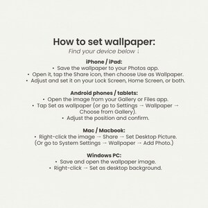 Pode incluir: Um guia de instru&ccedil;&otilde;es intitulado How to set wallpaper: com passos para iPhone, iPad, telem&oacute;veis e tablets Android, Mac, MacBook e PC Windows. O texto preto sobre um fundo creme detalha como guardar e aplicar imagens como papel de parede.