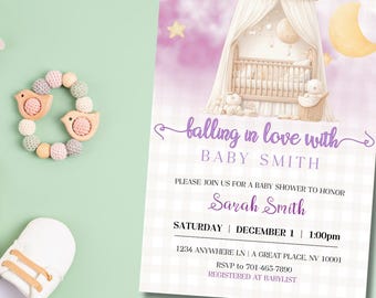 Babypartyeinladung für Mädchen: Rosa Krippe Design ~ Bearbeitbare Canva Vorlage (Sofortiger digitaler Download)