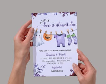 Halloween-Babyparty-Einladung |  Little Boo is Due ~ Bearbeitbare Canva Vorlage (Sofortiger digitaler Download)