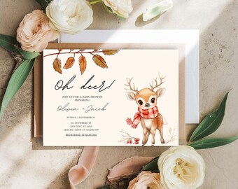 Lila Herbst-Babyparty-Einladung, Oh Deer ~ Bearbeitbare Canva Vorlage (Sofortiger digitaler Download)