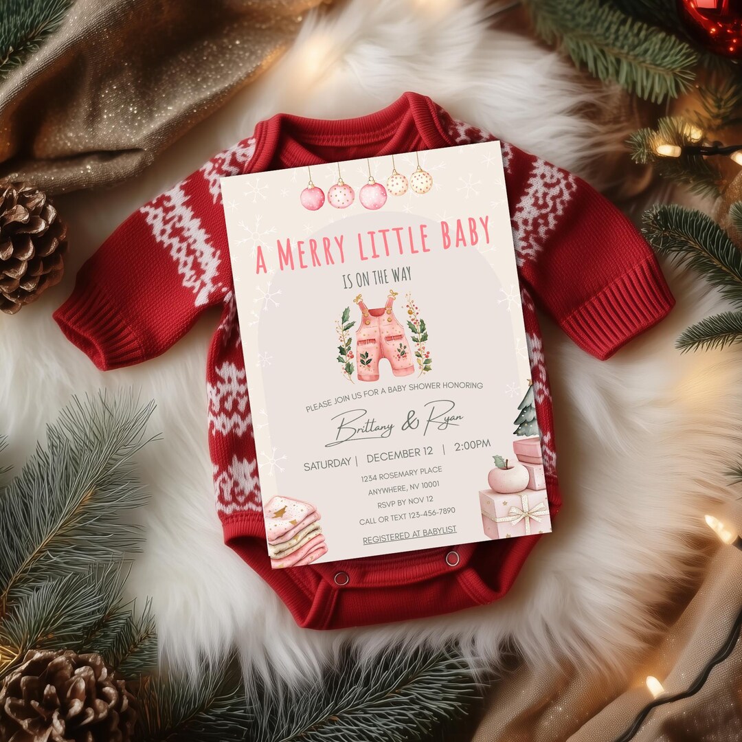 Pink Christmas Baby Shower Invitation Editable Canva Template (digital