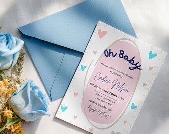 Rosa Herz-Babyparty-Einladung ~ Bearbeitbare Canva-Vorlage (Sofortiger digitaler Download)