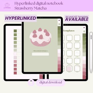 Könnte beinhalten: Digitales Notizbuch mit dem Thema Strawberry Matcha. Das Notizbuch zeigt eine Erdbeerkuchen-Illustration und Farbfelder. Der Text enthält "Hyperlinked", "A4 and A5 Template AVAILABLE" und "digital download."