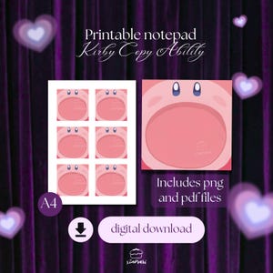 以下が含まれることがあります： ピンク色のカービィのデザインと「Kirby Copy Ability」の文字が入った、印刷可能なノートパッド。pngファイルとpdfファイルが含まれており、デジタルダウンロードで利用できます。デザインにはカービィの顔と、小さなカービィの顔のグリッドが含まれています。