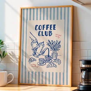 Retro coffee club print with teapot and cups illustration