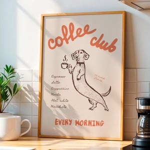 Neutral Coffee Club Poster, Dachshund Lover Wall Art, Retro Style Kitchen Decor, Vintage Coffee Bar Print, Typography Art, Digital Download