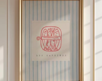 Sardines Art Print, Retro Kitchen Wall Decor, Blue and Pink Striped Vintage Food Print, Coastal Poster, Trendy Wall Art, Digital Download