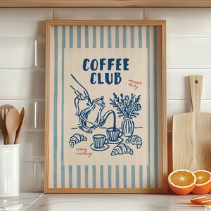 Blue striped coffee wall art printable for home cafe