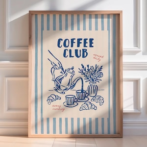 Coffee Club wall art with blue striped retro background