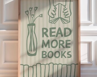 Read More Books Wall Art, Sage Green Striped Print, Modern Bedroom Print, Abstract Minimal Poster, Book Lover Gift, Digital Download