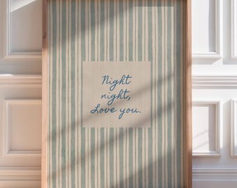 Arte mural retro de mediados de siglo con "Noche de amor", arte vintage a rayas para dormitorio, póster moderno verde, decoración estética para el hogar, descarga digital