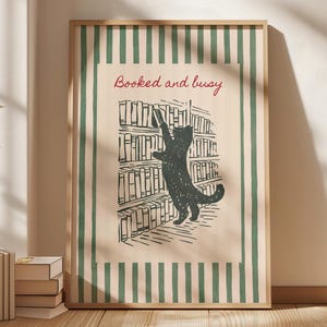 Booked and busy wall art with cat in library illustration