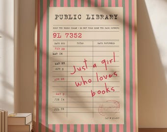 Plakat z kartą biblioteczną w stylu vintage, wydruk „Just a Girl Who Loves Books”, różowo-zielone paski na ścianie, dekoracja dla miłośników książek, pobieranie cyfrowe