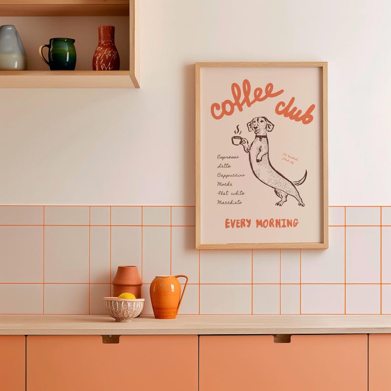 Neutral Coffee Club Poster, Dachshund Lover Wall Art, Retro Style Kitchen Decor, Vintage Coffee Bar Print, Typography Art, Digital Download